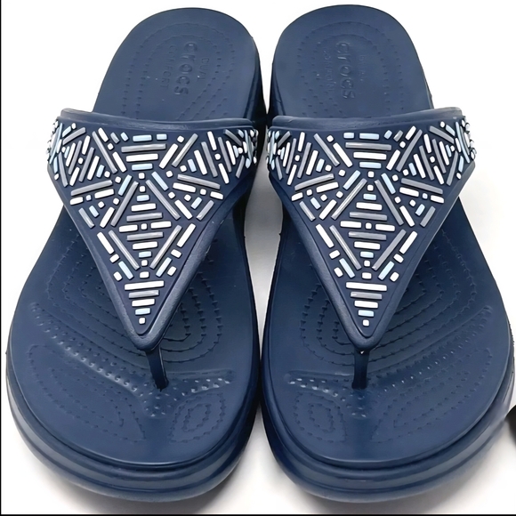 Crocs Monterey Beaded Wedge Navy Blue Dual Comfort Flip Sandal Women's size 7 - Picture 1 of 10